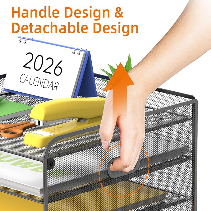 Mesh Desk Organizer with File Holder, 5-Tier Paper Letter Tray Organizer with Magazine Holder, Desktop Organizer and Storage with Drawer for Office Supplies Home or School (Black) | Two side magazine holders and a bottom drawer store papers, folders, n...