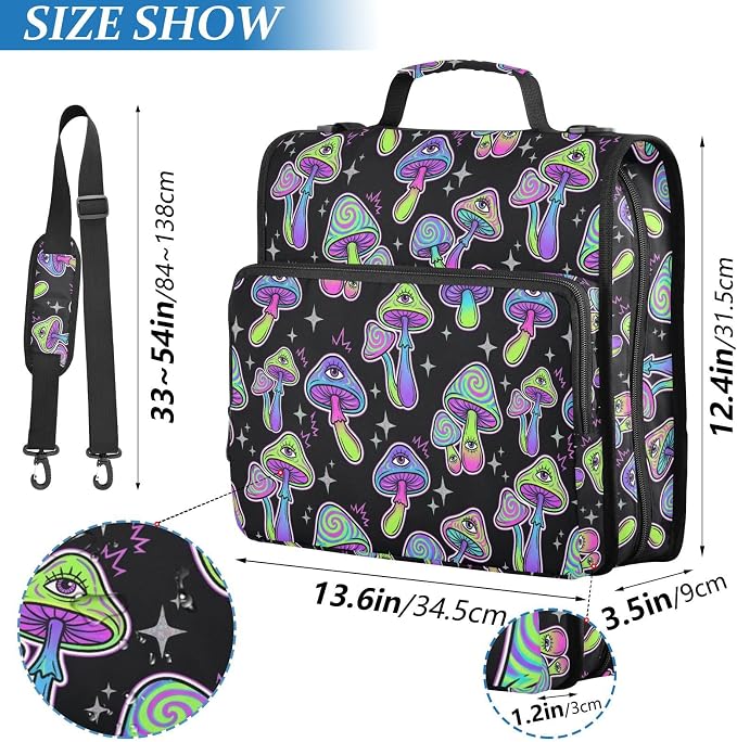 Mushrooms Eyes Black Print Zipper Binder Bag 3 Ring with Shoulder Strap & Handle Multi Pocket Binder Organizer Bag Large Capacity for School Office Supplies
