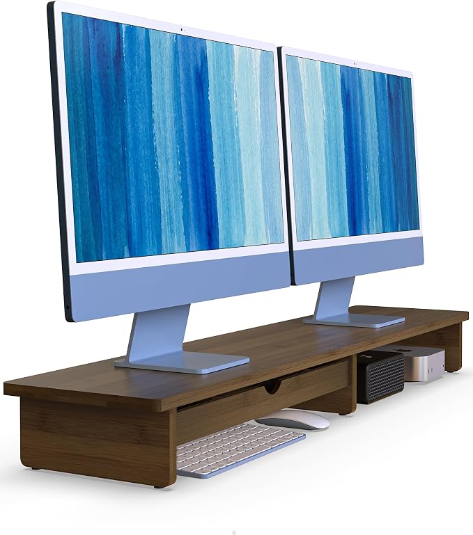 42” Monitor Stand with Large Drawer Keyboard Storage,Dark Bamboo | dual Computer monitor riser shelf for 55-72 inch desk aesthetic workplace computer setup desktop organizer easy assembly