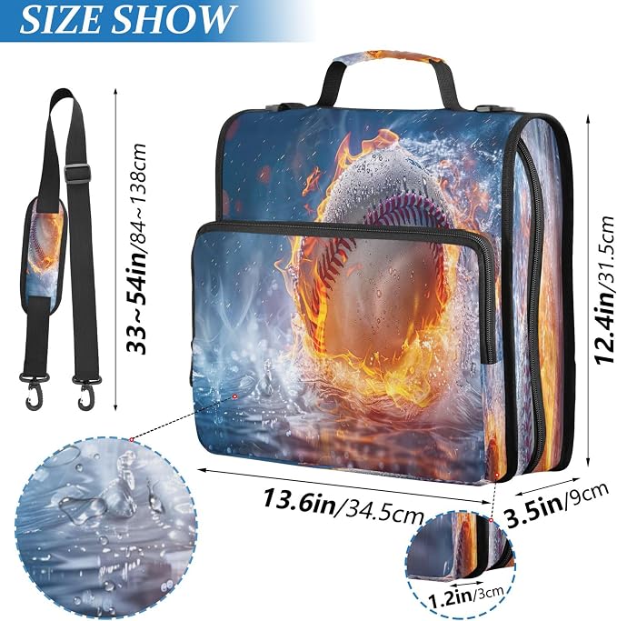 3 Ring Zipper Binder Firing Baseball Binder Organizer Portfolio with File and Shoulder Strap & Handle Large Capacity File Folder