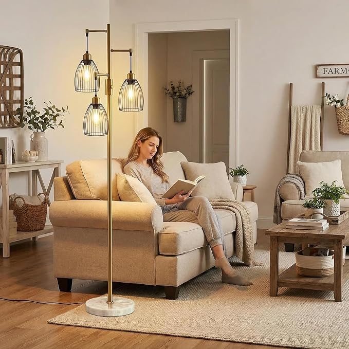 Torondo Dimmable Floor Lamps for Living Room, Industrial Standing Lamp with Marble Base, Antique Brass Tree Tall Pole Light with 3 Elegant Teardrop Cage Head & 800 Lumens LED Bulbs for Bedroom Office