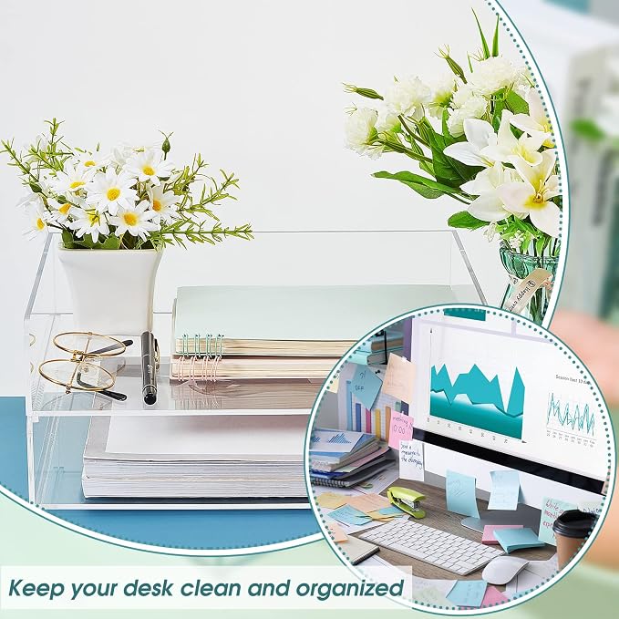 2 Pcs Stackable Acrylic Desk Organizers Paper Tray Storage Tier Accessories Paper File Office Organizer Tray Stackable Document Clear Desk Accessories for Office Workspace Organization