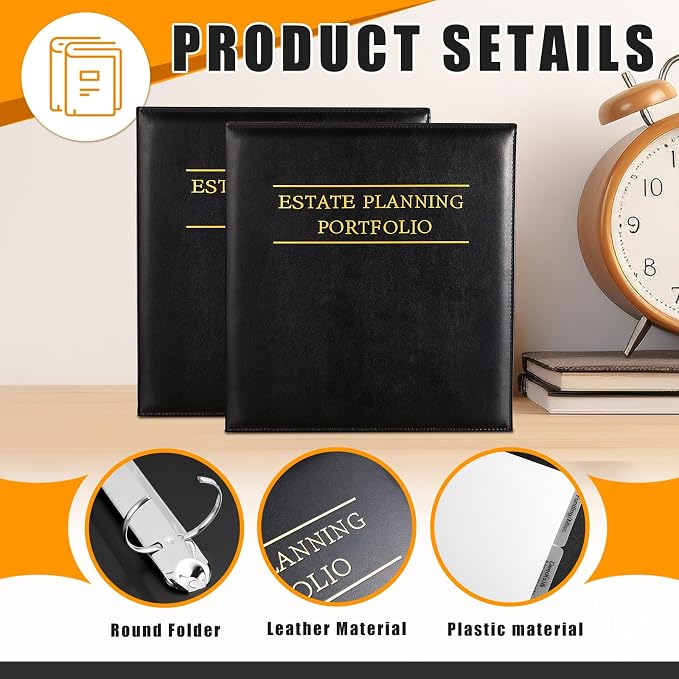 Dunzoom 10 Pcs Estate Planning Portfolio Binder PU Leather 3 Ring Binders with Gold Title and Index Tab Dividers, 11'' x 11.8'' x 2.4'' Estate Planning Organizer(Black)
