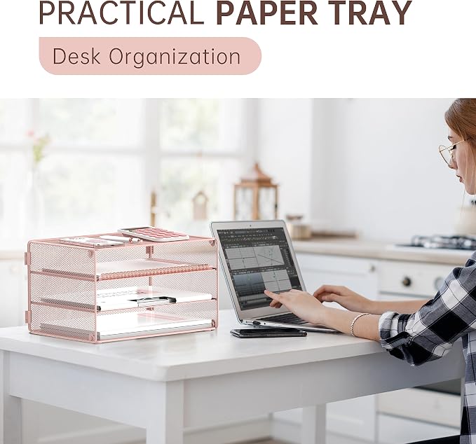 DALTACK 3 Tier Letter Tray Paper Organizer with Sliding Mesh Trays Pink | Metal Mesh File Organizer with Sliding Trays for Letter and A4 Paper, Mail, Bills, Folders and Office Documents