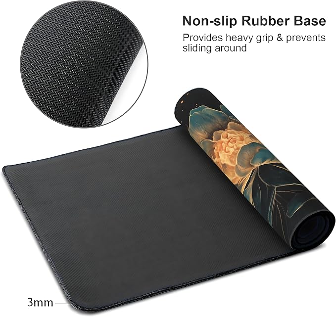 Floral Aesthetic Lotus Gaming Mouse Pad, Black Gold Chinoiserie Desk Mat with Anti-Slip Base & Stitched Edges, Office Supplies & Desk Decor for Women, 35.4" x 15.7" in Home Office Essentials