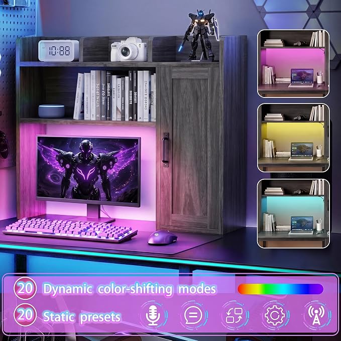 Dorm Desk Hutch, 37.4" Desktop Shelf with 6 Shelves & Power Outlet | Desk Hutch with Drawer & RGB LED Light Over Desk Organizer Desktop Storage Shelf for Dorm Office Home Computer Desk-Grey