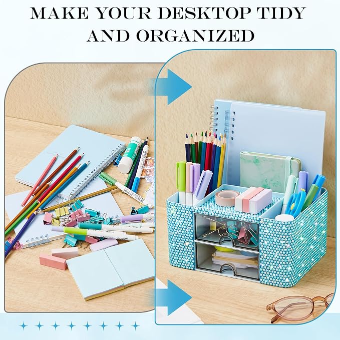 MotiMind Blue Bling Desk Organizer with 2 Drawer, Sparkly Makeup Organizer for Vanity, Girly Desk Accessories, Rhinestone Pen Holder, Elevate Your Workspace with Blue Serenity (Diamond)
