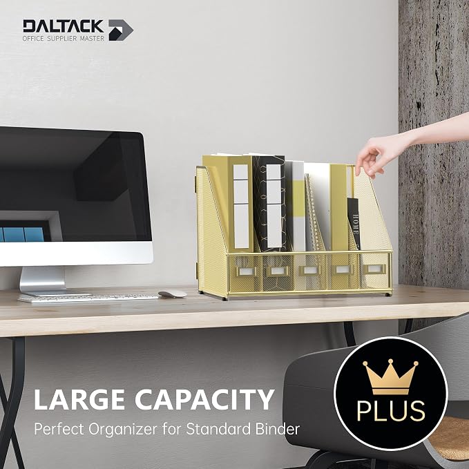 DALTACK 5-Slot Magazine File Holder, Metal Binder Holder, Gold | Iron Mesh Construction, Labeled Sections for Easy Sorting, Anti-Slip Feet, Binder and Folder Storage for Office, Classroom