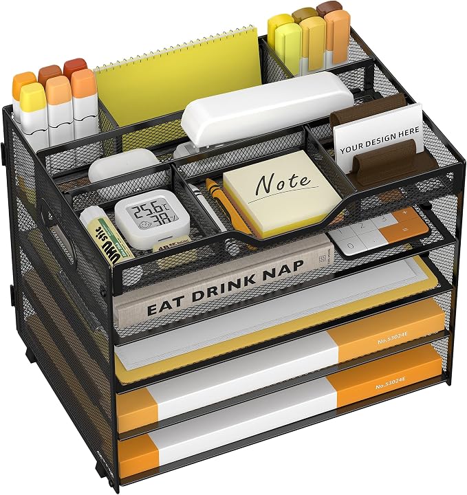 5 Tier Paper Letter Tray Desk Organizer with Pen Holders - Black | Features 3 pen holders and 4 removable dividers.Versatile mesh desktop storage for mail, document,office supplie