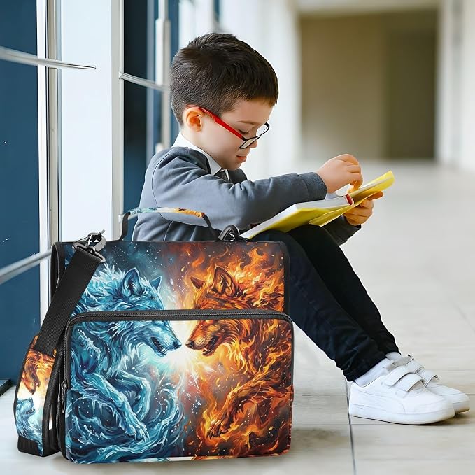 Fire Ice Wolf Pattern 3 Ring Zipper Binder with Shoulder Strap & Handle 2 Inch D-Ring Zippered Binder Bag with Multiple Pocket & Pencil Pouch, Binder Organizer for School or Office