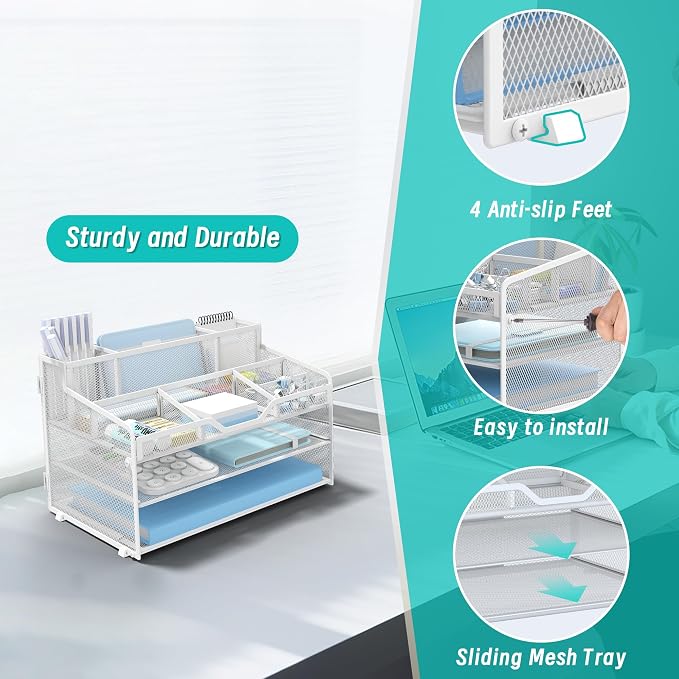 3 Tier Mesh Paper Desk Organizer with Pen Holders, White | Features 3 pen holders, and 5 adjustable compartments for office school home desk storage
