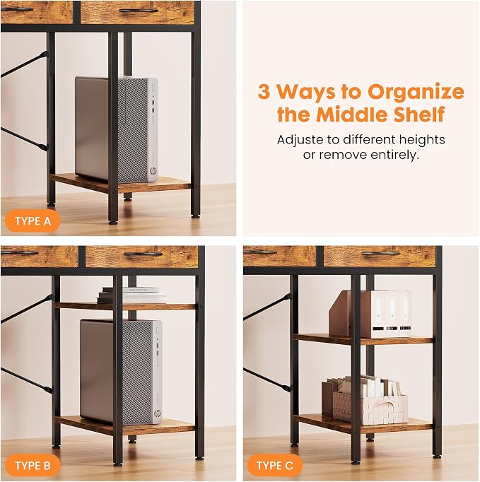 Sweetcrispy 47" Computer Desk with 6 Fabric Drawers & Storage Shelves | Reversible Gaming Desk, Office Desk, Computer Workstation, Corner Desk with Storage, Home Office, Living Room,Rustic Brown