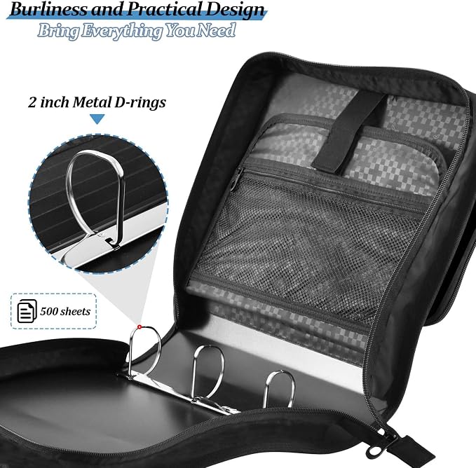 Fisyme American Football Black Zipper Binder 3 Ring with Zipper and Shoulder Strap Large Capacity Multi-Pocket Binder Organizer