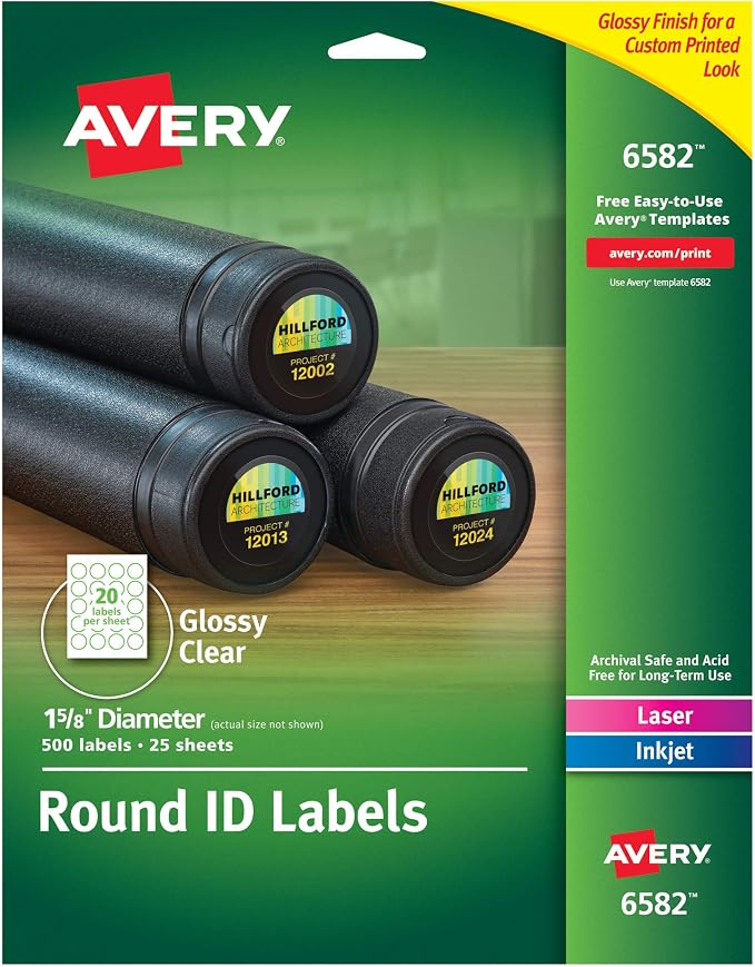 Avery Glossy Clear Round Labels, 1.625" Diameter, Pack of 500 - Make Custom Stickers (6582)