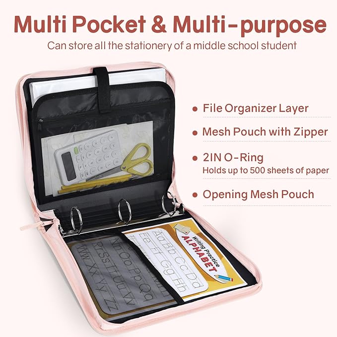 SUNEE Zippered Binder Bag with Handle, 2-Inch 3-Ring O-Ring, 500-Sheet Capacity, Includes Zip Pocket, 5-Tab Expanding File Folder, Multi-Pocket Organizer Binder for Middle School, Pink Lotus