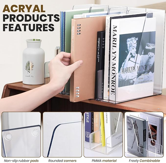 2-Pack Clear Acrylic Magazine File Holder, Vertical File Folder Holder, Acrylic Desk Organizer, Magazine Holder, Bookshelf Desk Office, Folder Organizer Document Rack + Phone Holder
