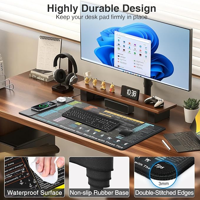 Wireless Charging Mouse Pad with Excel Formulas Shortcuts, 31.5"x15.8" in | Office Spreadsheet Cheat Sheet Desk Mat, Waterproof Easy Gliding Surface, Non-Slip Base, with 20W PD Adapter