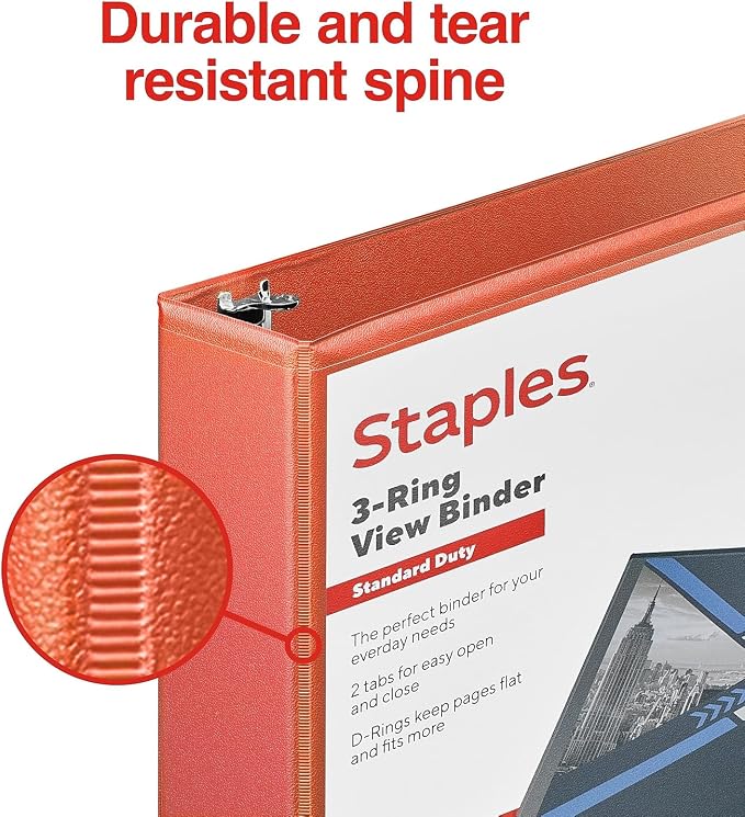 Staples Standard 1.5-Inch 3-Ring View Binder, Holds Up to 350 Sheets, Orange, Durable Binder for Office & School