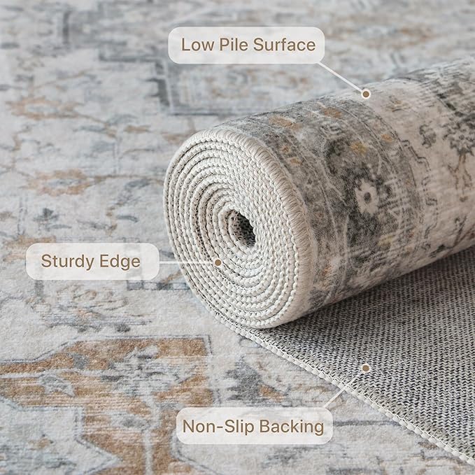 GENIMO 4FT Round Area Rugs for Living Room, Circle Rugs Machine Washable Low Pile, Chenille Non Slip Vintage Rug for Bedroom, Dining Room, Home Office, Light Taupe Brown