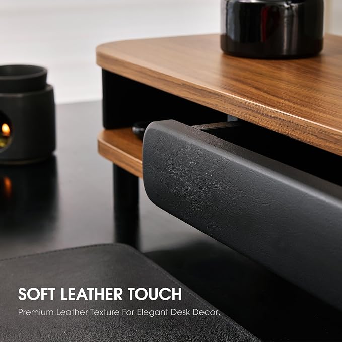 Fenge Dual Monitor Stand with Large Storage Drawer, 42.5" Dsek Shelf, Brown | Slide-Out Drawer with Soft Touch Leather, Ergonomic Monitor Riser, Aluminum leg, 2-Tier Desk Organizer for Laptop, TV, PC