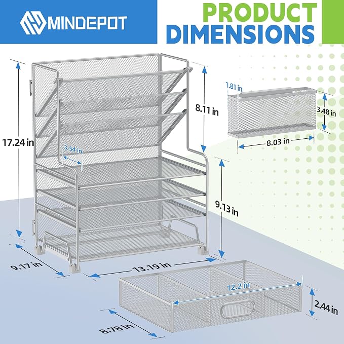 MINDEPOT 4-Tier Paper Organizer + 3-Pocket File Holder + Drawer + Pen Holders, Desktop File Organizers Paper Tray for Office Supplies School Classroom Organization (Silver, with Drawer & Pen Holder)