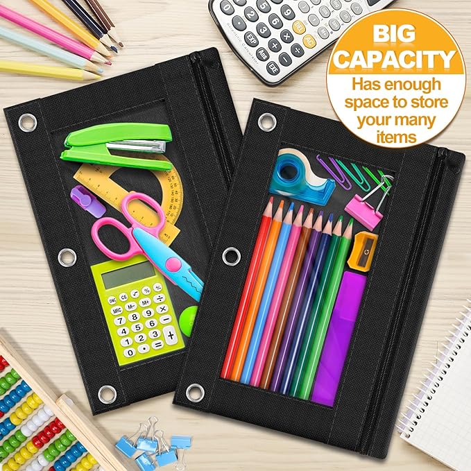 3 Ring Binder Pencil Pouch, 36 Pack Bulk Black Zipper Pencil Cases with Clear Window, Cloth Binder Pouches with 3 Holes, Durable Pencil Bags for Classroom School Office Supplies (Color of Black)