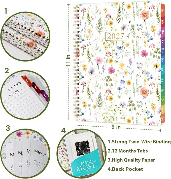 2027 Planner for Office, School, Home, Spiral Bound Weekly Monthly Calendar