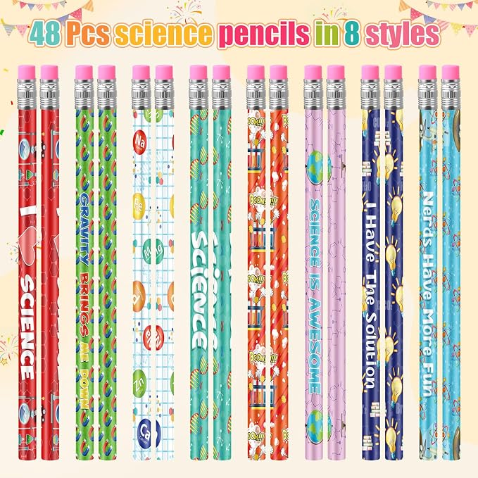 Nezyo 48 Pcs Science Pencils Bulk Science Party Favors Chemistry Pencils with Eraser Motivational Back to School Gifts for Students Fun Scientist Birthday Lab Gifts Cute Reward Teacher Supplies Decor