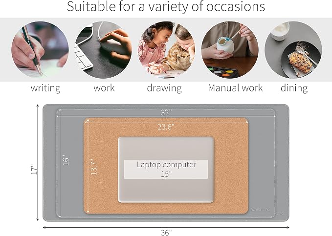 RENMTURE Dual-Sided Mouse Pad, Natural Cork & PU Leather Large Desk Pad for Office and Home Work, Desk Protector Non-Slip, Waterproof, Easy Clean (Gray, 32"x16")