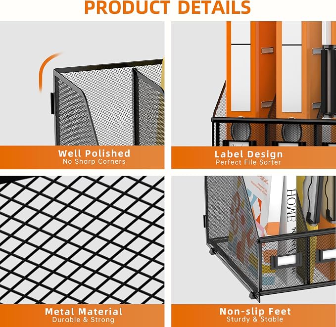 DALTACK 4-Slot Magazine File Holder, Metal Binder Holder, Black | Iron Mesh Construction, Labeled Sections for Easy Sorting, Anti-Slip Feet, Binder and Folder Storage for Office, Classroom