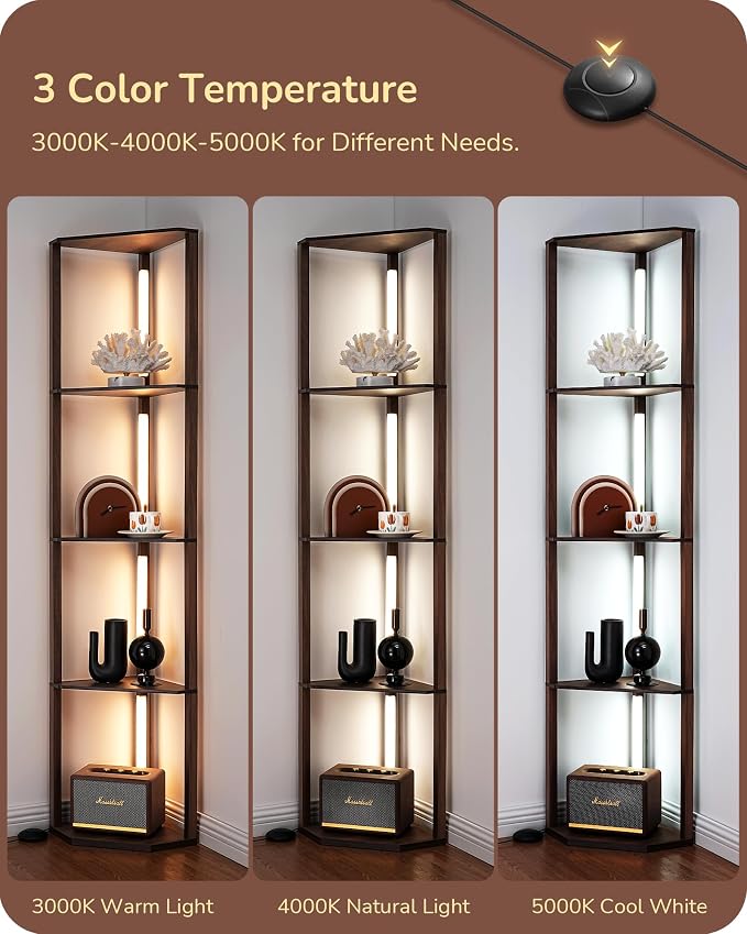 EDISHINE Dimmable LED Floor Lamp with Shelves, Corner Floor Lamps for Living Room, Corner Shelf with LED Light, 3CCT, Modern Standing Lamp, Floor Lamp for Bedroom, Office, Walnut | 4-Layer Shelf, Foot Switch, Rotatable Light Bar, Modern Corner Lamps fo...