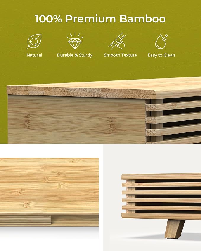 Bamboo 42” Dual Monitor Stand with Sliding Doors Desk Shelf | Ergonomic Relief Easy Assembly Solid Construction Cozy Workplace Computer Setup Desk Organizer High Load-bearing