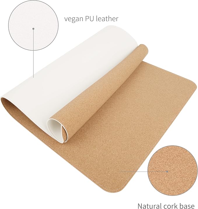 RENMTURE Dual-Sided Mouse Pad, Natural Cork & PU Leather Large Desk Pad for Office and Home Work, Desk Protector Non-Slip, Waterproof, Easy Clean (White, 36"x17")