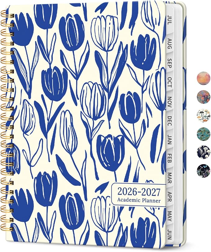 Planner 2026-2027, Jul 2026-Jun 2027 Monthly & Weekly Planner Calendar | 6.3" x 8.5", Hardcover Academic Spiral Pretty School Planning Book for Women, Teacher, Student, Indigo Tulips