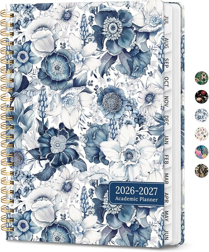 Academic Planner 2026-2027, Monthly and Weekly Calendar Planner, July 2026 - June 2027, Pretty Hardcover Teacher Student Planning Agenda Book with Tabs, Fit for School Office Supplies, 6.3" x 8.5", Blue Floral