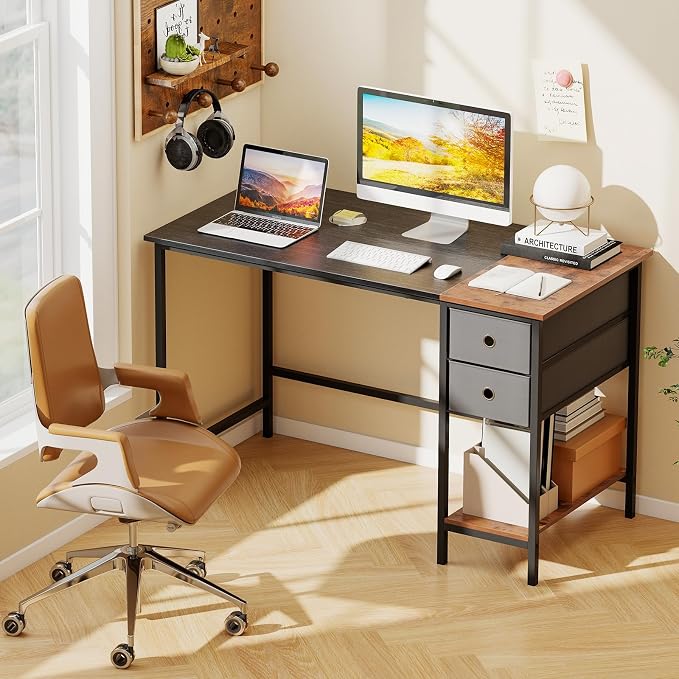 Giantex 48" Computer Desk with 2 Fabric Drawers, Industrial Home Office Desk with Open Storage Shelf, 2-Toned Finish & Metal Frame, Gaming Study Writing Table for Small Space, Bedroom, Black