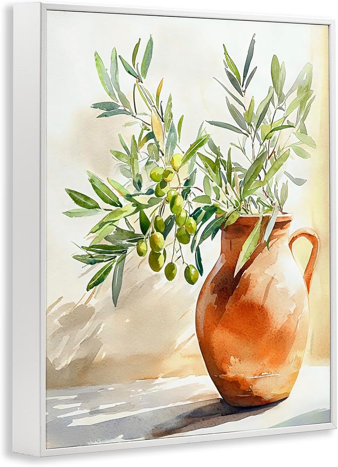 'Olive Branch in Terracotta Vase'| Framed Giclee Art | Stupell Industries | White, 24 x 30 Inches, Easy to Hang and Sturdy, Made in USA, by LSR Design Studio