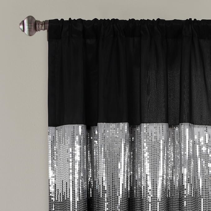 Lush Decor Night Sky Window Curtain Panel, Single 42"W x 63"L Black & White - Sequin Backdrop Curtain - Room Darkening Curtains For Bedroom - Glam Decor
