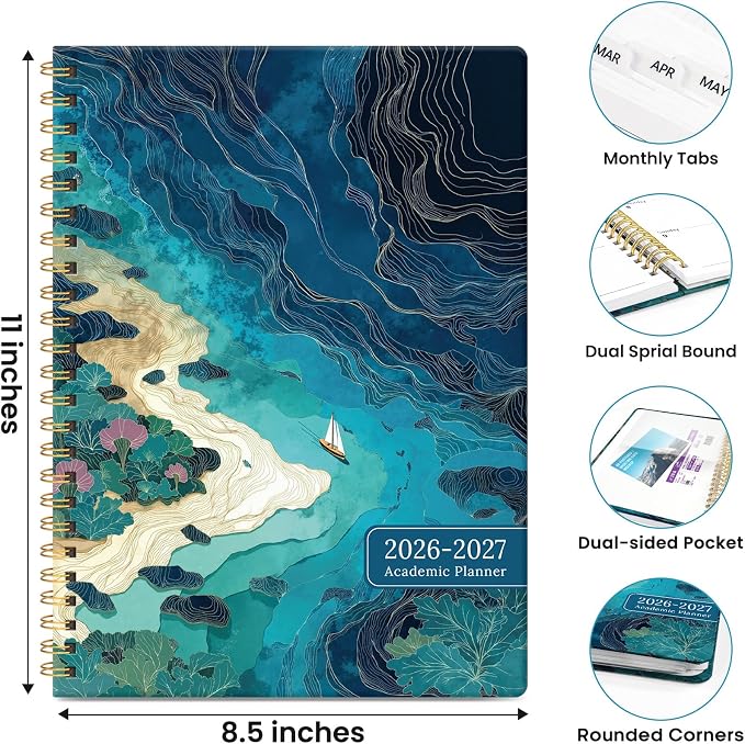 Planner 2026-2027, Academic Year Monthly & Weekly Planner Caledndar, July 2026 - June 2027, Hardcover Large Planning Agenda Book with Tabs for School Office Supplies, 8.5" x 11" - Coastal Contours