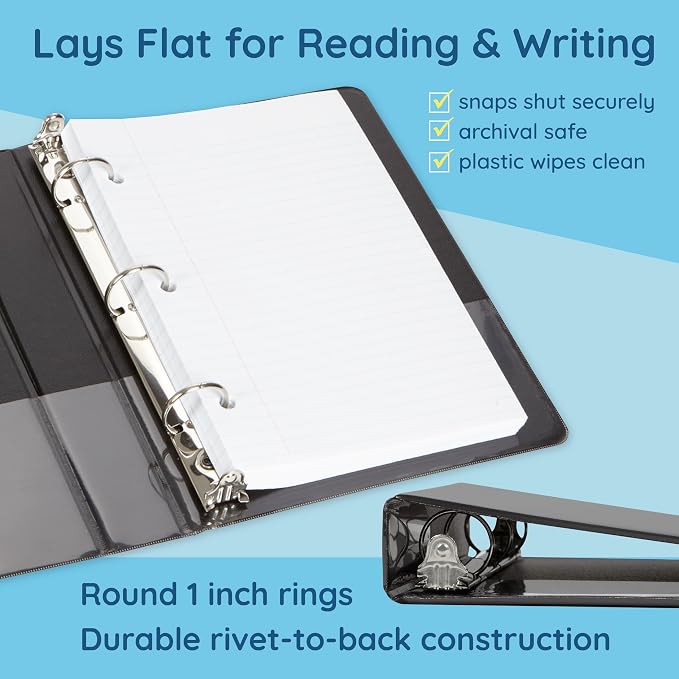 Blue Summit Supplies Small 3 Ring Binder for 5.5" x 8.5" Paper, Black 6 Pk | fits 5.5 x 8.5 in half letter paper, 1 in round rings, mini binder, clear pockets, for playbills, planners, recipes