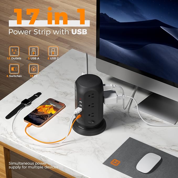 TESSAN Tower Power Strip Surge Protector, Flat Extension Cord 10 Ft,Black | Individual Switches with 12 Outlets, 5 USB Ports(2 USB C), Flat Plug, Charging Station for Multiple Devices, Office, Dorm