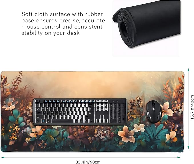 Floral Aesthetic Azalea Gaming Mouse Pad, Earth Tone Dreamy Desk Mat with Anti-Slip Base & Stitched Edges, Office Supplies & Desk Decor for Women, 35.4" x 15.7" in Home Office Essentials