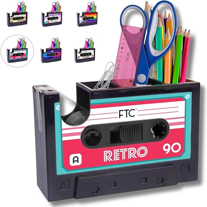FTC 80's Cassette Tape Dispenser & Pen Supply Holder - Funny Supplies & Desk Accessories for Home, School, Office for Men & Women - 6.70'' x 1.98'' x 4.53'' (Retro)