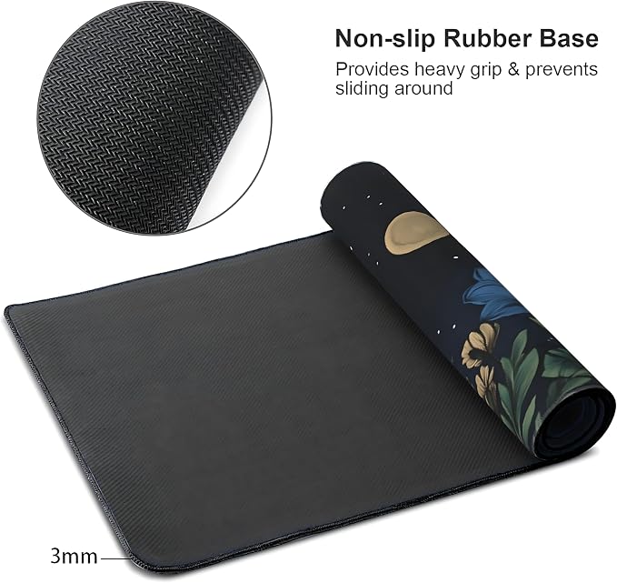 Floral Aesthetic Cosmos Gaming Mouse Pad, Black Blue Vintage Botanical Desk Mat with Anti-Slip Base & Stitched Edges,35.4" x 15.7" in Table Mat for Computer Desktop, Beautiful Workstation Decor