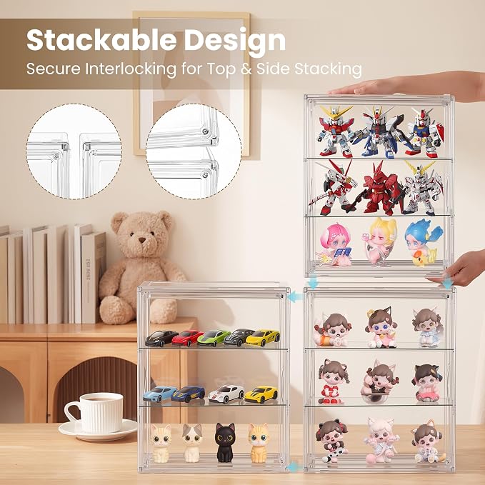 3-Tier Acrylic Display Case for Figures, Wall-Mounted Clear Action Figure Storage Organizer with Magnetic Door & 2 Adjustable Shelves, Dustproof Showcase for Collectibles, 2 Pack