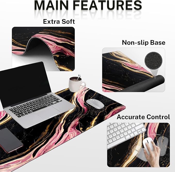 Keyboard Mouse Pad Set, 4 in 1 Desk Mat Set, Pink Black Marble | Gold Large Mousepad+Keyboard Wrist Rest+Mouse Wrist Rest+Coaster Ergonomic Design for Home Office Computer