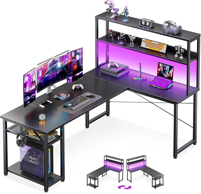ODK 61 Inch L Shaped Gaming Desk with Hutch & Headphone Hook | Black Corner Computer Table with LED Light and Storage Shelves for Home Office