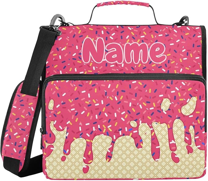 Custom Red Ice Cream Print 3 Ring Binder Bag 1.5 inch Personalized Name Binder Organizer 500 Sheet Documents Storage for School Office