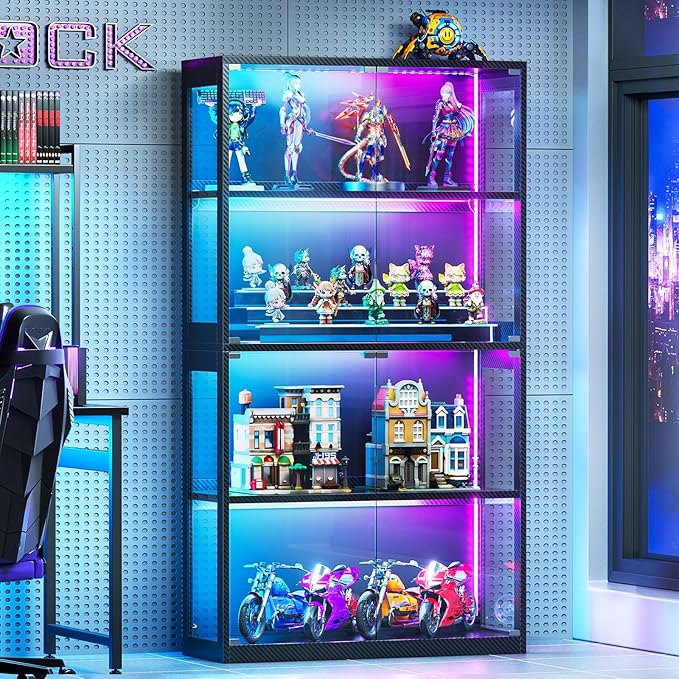 AODK Display Cabinet with RGB Lights, 4-Tier Display Case with Glass Doors | Glass Display Shelf for Collectibles and Storage, Black Curio Cabinet for Gaming Room, Living Room