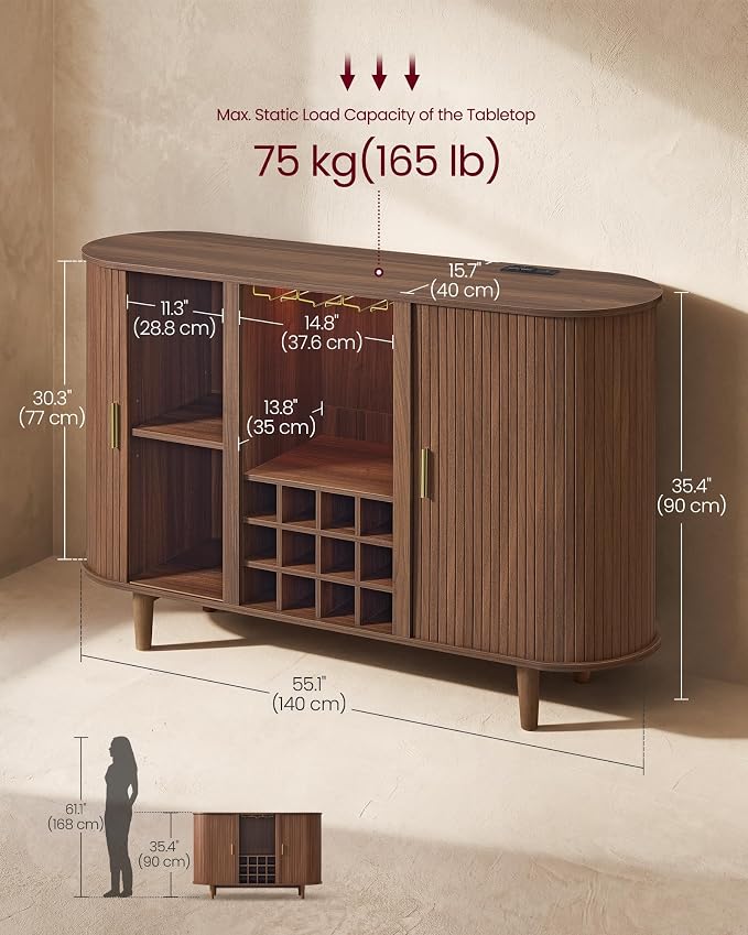 VASAGLE Storage Cabinet, Sideboard with LED Lights and Power Strip | Mid-Century Modern Buffet Cabinet, 55.1 x 15.7 x 35.4 Inch, for Living Room, Chestnut Brown, MIRIANA Collection ULSC641KX01
